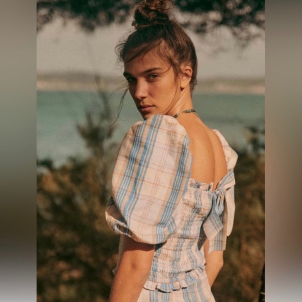 Sézane 2-piece shirt & shorts in carreaux blue camel